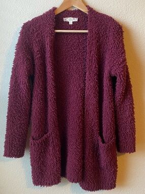 Pink Republic Women’s Cardigan XS Plum Purple Burgundy Shag Cozy Fuzzy Long